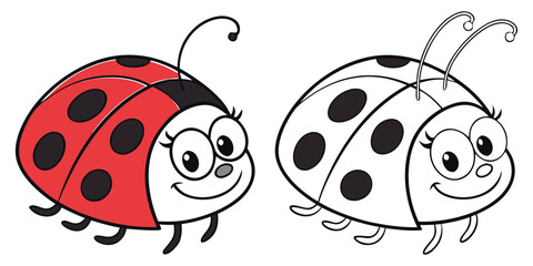Adorable ladybug duo, one in vibrant red and one ready to color, perfect for children's books, fun educational resources, and creative design projects