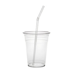 Clear plastic cup with straw isolated on transparent background for cold drink or beverage