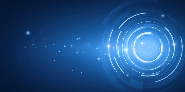 Abstract digital background featuring glowing blue circular patterns and light trails, creating a futuristic atmosphere with a sense of motion and technology in a vibrant design