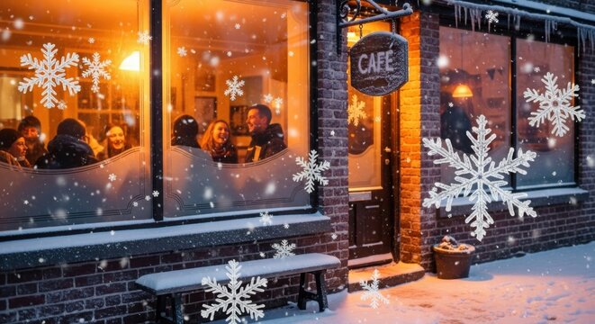 Cafe storefront with snow and snowflake decorations