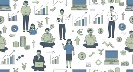 Diverse Professionals and Financial Growth Seamless Pattern.