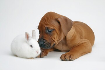 Obraz premium Brown puppy dog Rhodesian ridgeback lying next to white rabbit. Cute small animal friend concept. Pet compatibility theme.