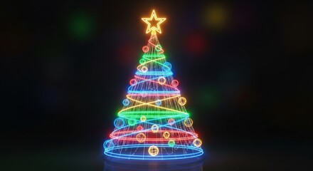 Illuminated Christmas tree made of glowing wireframe lines on dark background