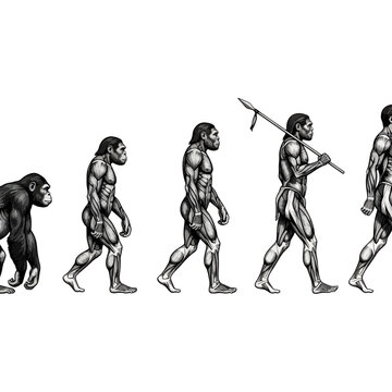 Human evolution progression illustration, stages of hominid development, ancient ancestors, scientific concept