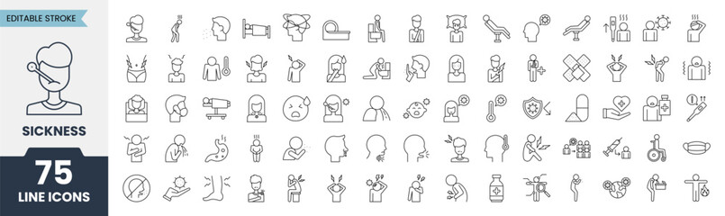 Sickness line icons set with editable stroke. Containing fever, sneeze, diarrhea, flu, pain, dizziness, infection, medicine, injury. Vector illustration