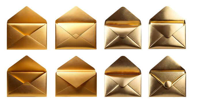 Elegant Golden Envelopes for Invitations and Special Occasions, PNG bundle collection, Isolated on Transparent Background