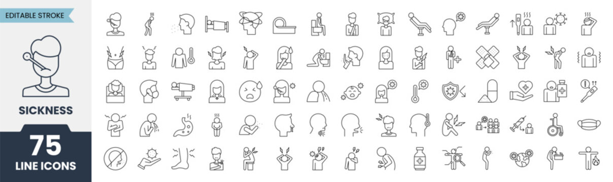 Sickness line icons set with editable stroke. Containing fever, sneeze, diarrhea, flu, pain, dizziness, infection, medicine, injury. Vector illustration