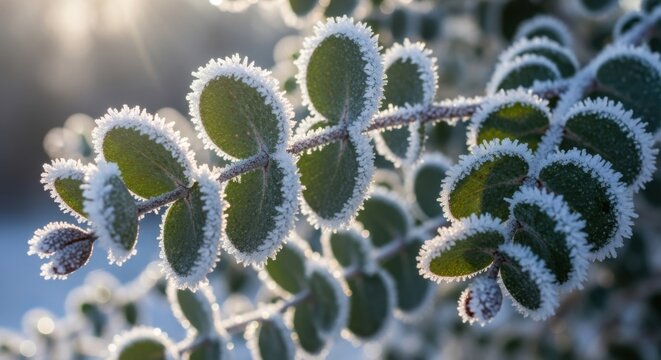 Close-up of frosted green leaves with ice crystals in winter sunlight