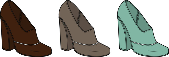 Elegant women's high-heeled shoe illustrations in a trio of stylish colors, showcasing block heels for diverse fashion and footwear projects