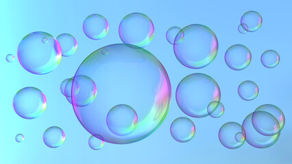 Soap bubbles on blue background with rainbow colors illumination, abstract background.