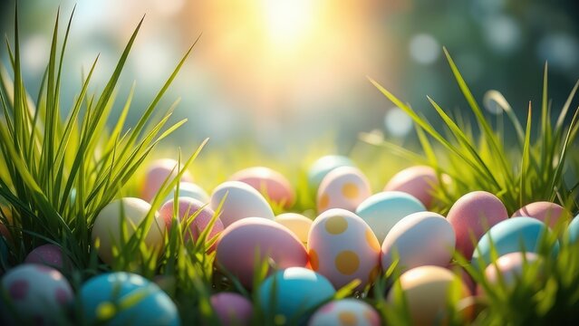 A vibrant collection of pastel-colored Easter eggs nestled among fresh green grass, illuminated by soft sunlight.