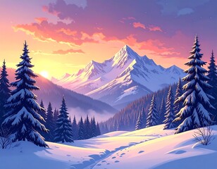 A serene winter scene with snowy mountains, pine trees, and a warm sunset glow