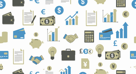 Fototapeta premium Financial icons and symbols representing business and investment concepts.