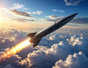 A sleek, metallic projectile ascends through a sky filled with fluffy clouds and brilliant sunlight