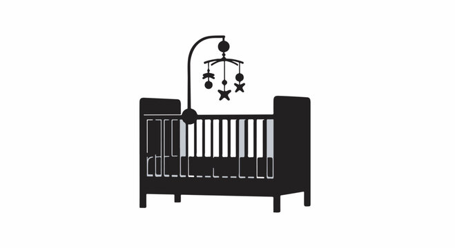 Modern black crib with a playful mobile, ready for a new baby