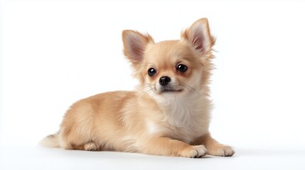 Obraz premium Cute small chihuahua puppy lying on a clean white background looking curiously
