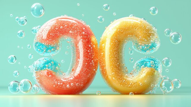 Two bubbly, colorful C-shaped figures, with transparent bubbles, on a light teal background - Powered by Adobe