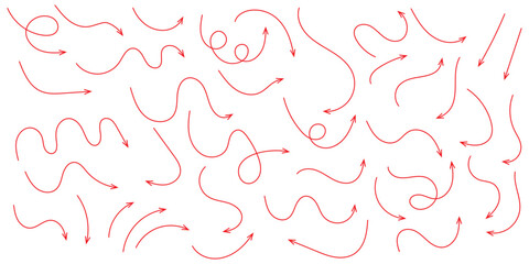 Squiggly arrows doodle set. Curve and Spiral comic symbols in sketch style. Hand drawn vector illustration isolated on white background