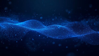 Abstract blue digital wave of glowing particles in dark space