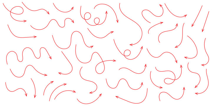 Squiggly arrows doodle set. Curve and Spiral comic symbols in sketch style. Hand drawn vector illustration isolated on white background