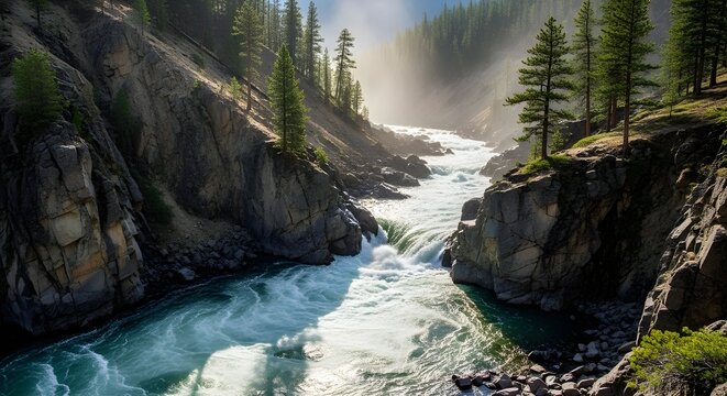 Rapid mountain river flowing between rugged cliffs, white water foam, pine trees on ridges