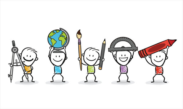  Strichm&auml;nnchen: Schulmaterial, Werkzeug, Schule.  Creative Subjects and Skills- Stick Figures with Art, Geometry, and Globe Hand-drawn stick figure stickman illustration in line art style, presented 