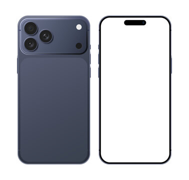 Apple iPhone 17 Pro Max Mobile phone blue color device mockup template in front and back angle for advertisement. Smartphone blank display layout vector illustration