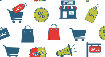 Seamless pattern of shopping and sale icons for retail promotions.