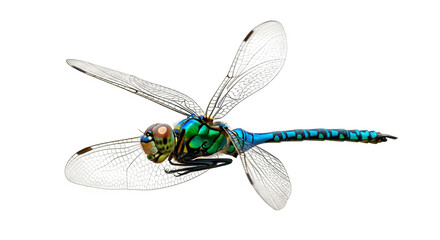 Macro dragonfly presents iridescent textures, clear wings against pure black. Use as nature photography, biology display, education, presentation.