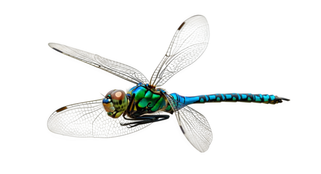 Macro dragonfly presents iridescent textures, clear wings against pure black. Use as nature photography, biology display, education, presentation.