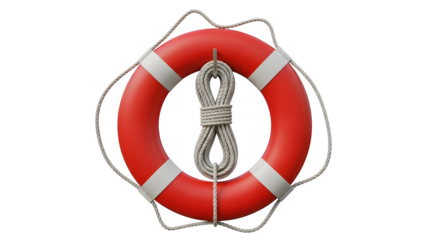 Red life buoy with coiled rope hangs centered, against black. Perfect for safety messages, boating concepts, product showcases.