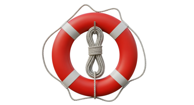 Red life buoy with coiled rope hangs centered, against black. Perfect for safety messages, boating concepts, product showcases. - Powered by Adobe