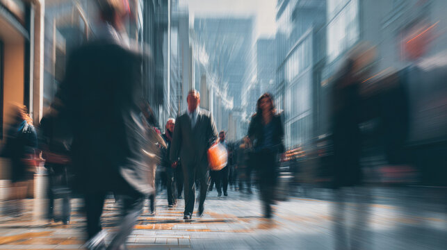 Blurry city street with people walking quickly, showcasing busy urban atmosphere filled with motion and energy