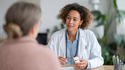 Doctor discussing medication side effects with patient in clinical setting, conveying care and professionalism