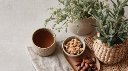 Eco friendly lifestyle flatlay featuring herbal tea, popcorn, dates, and potted plants, creating serene atmosphere