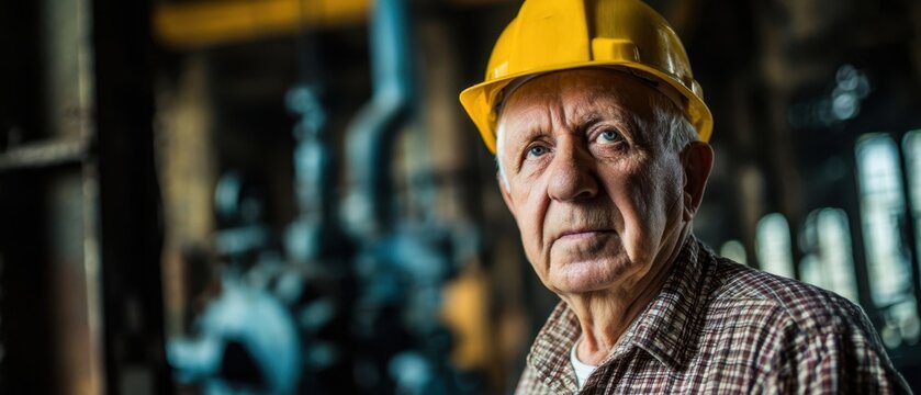 The factory worker in yellow hard hat looking thoughtful among industrial machinery and pipes