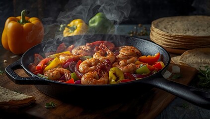 Sizzling shrimp fajitas with bell peppers and onions in a cast iron skillet
