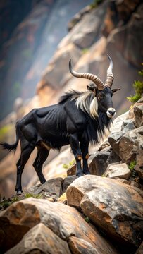 Majestic serow perched on rocky slope with scenic mountain backdrop, wild animal photography