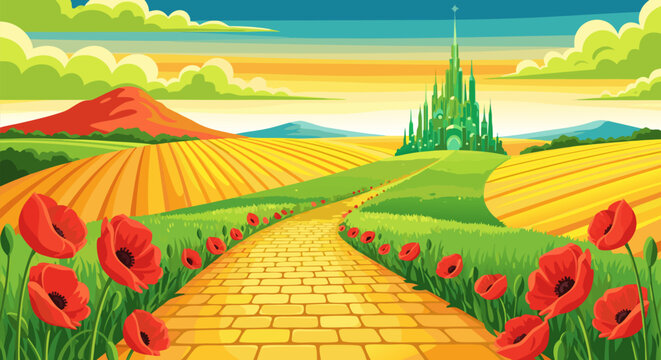 Road to Emerald City Illustration Journey Through Poppies and Golden Fields