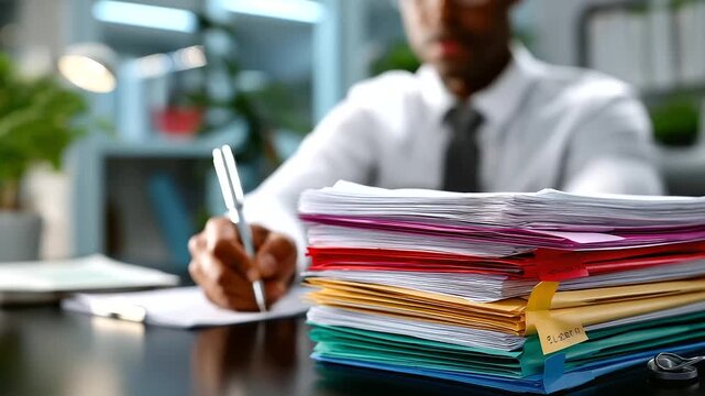 Headless shot showing office worker's torso near focused stack of patient records with visible notations, with copy space