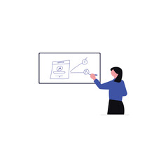 Flat illustration of a woman drawing a checklist and flow diagram on a whiteboard perfect for brainstorming, strategy planning, meetings, or teaching concepts.
