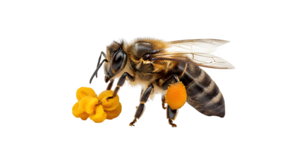 Focused honeybee with orange pollen has sharp focus on black. Perfect for product photography, branding, social media, or education about beekeeping.
