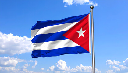 Cuban flag waving on a pole against a bright blue sky with white clouds