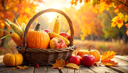 Autumn Harvest Bounty - A Basket of Pumpkins and Apples.