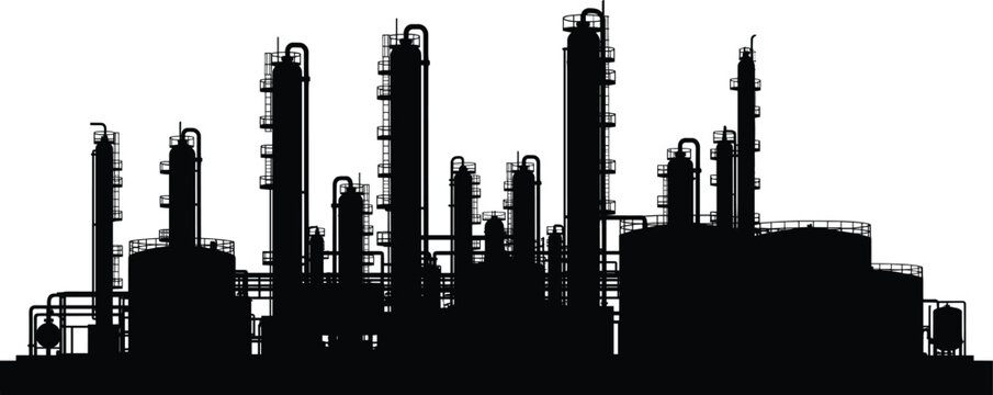 Industrial refinery silhouette with distillation columns, chemical tanks, piping systems, and ladders&mdash;perfect for energy, engineering, and infrastructure themes
