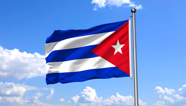 Cuban flag waving on a pole against a bright blue sky with white clouds