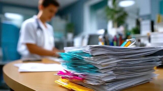 Blurred medical clerk with sharp detailed view of organized file stack and handwritten entries on papers, with copy space