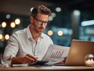 Focused man in glasses analyzing financial graph on document with laptop. Business professional working late on investment data.