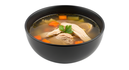Chicken soup in black bowl, broth shines, product photography, food photography