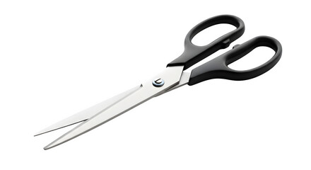Scissors are open, sleek, and modern. The black handles and silver blades gleam, perfect for graphic design, DIY projects, or product presentation.